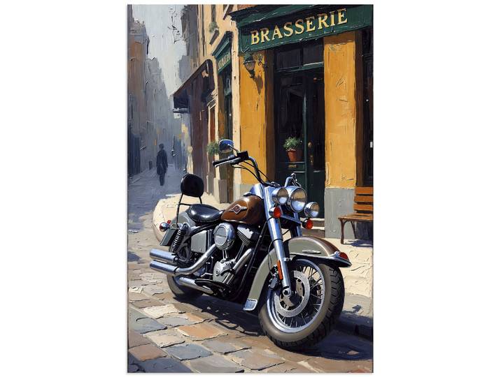 Wandbild ARTLAND Eine parkende Harley vor einem Brasserie , farbe bild(er): farbig, B:40cm H:60cm, Bilder, Wandbild, als Alubild, Leinwandbild, Poster, Wandaufkleber in verschied. Grössen