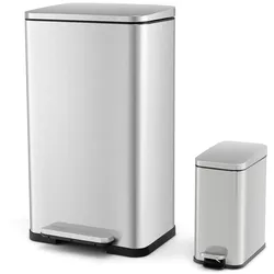 COSTWAY Mülleimer-Set aus 2 Teilen, 40 L + 6 L Edelstahl, Pedaleimer mit abnehmbaren Inneneimern & Soft-Close-Deckel