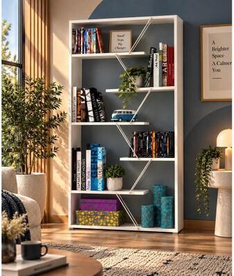 Furnia Modern Wood Bookcase with Open Shelves, Geometric Design Display Bookshelf for Living Room, Bedroom and Home Office
