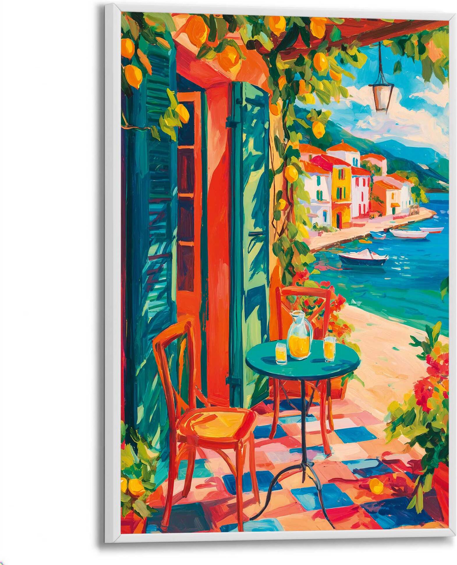Reinders! Bild mit Rahmen REINDERS "Terrasse am Meer", bunt (farbe bild(er): mehrfarbig), Bilder, B/H/T: 20cm x 30cm x 1,6cm, Städte, 1 Stk., MDF, Papier, Bild mit Rahmen, Wohnzimmer - Mehrfarbig - Papier,MDF - Städte und Länder - 20x30 cm, B:20cm H:30cm 