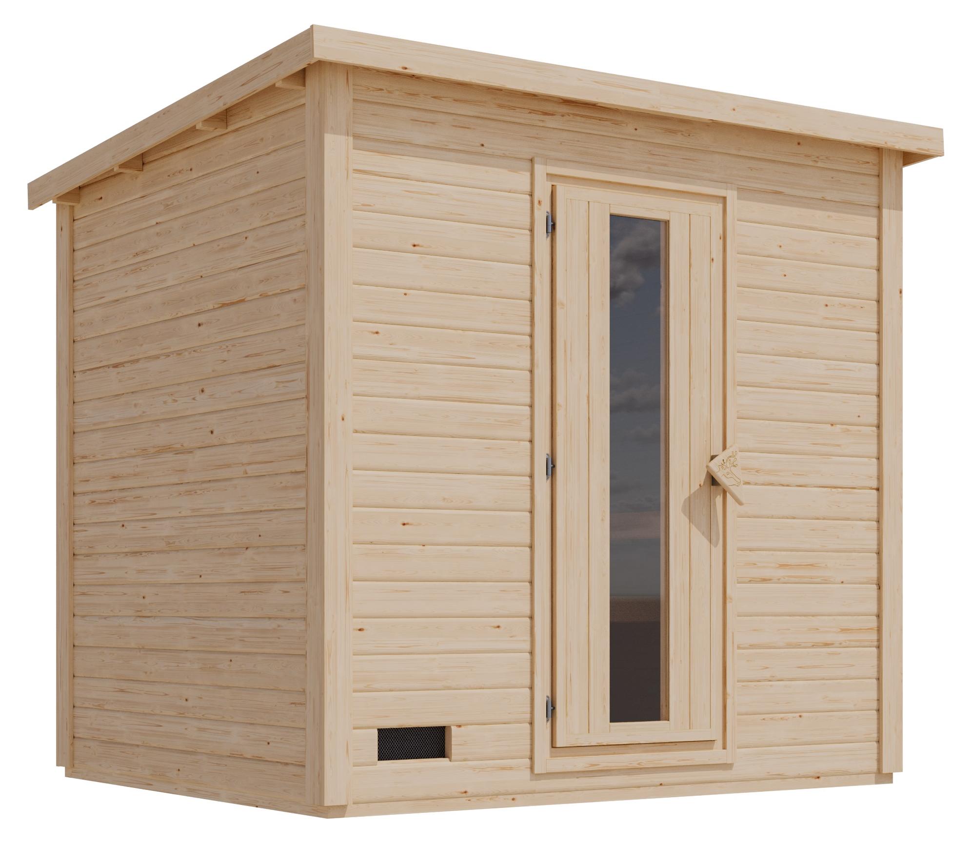 Karibu 38 mm Saunahaus Melo 3 naturbelassen mit Ofen 9 kW integrierte Strg