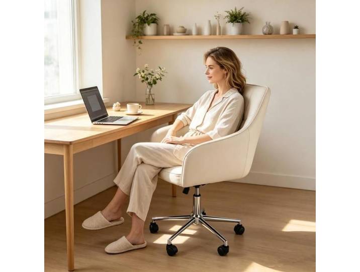 Chleby Chaise de Bureau Moderne Crème Simili Fauteuil à Accoudoirs Réglable en Hauteur Pivotant 360° Idéal Télétravail