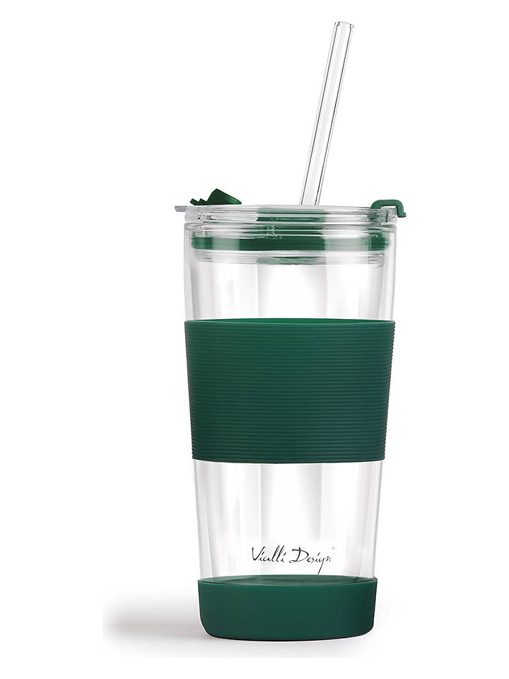 Vialli Design Thermoglas mit Trinkhalm in Grün - 600 ml - onesize