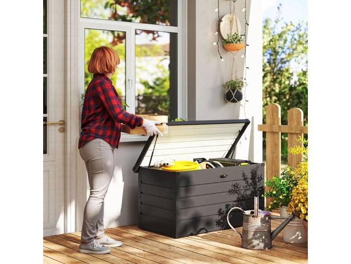 Coffre de rangement exterieur XXL 311L coffre de jardin acier galvanisé verrouillable vérin à gaz 120x62x62cm gris foncé