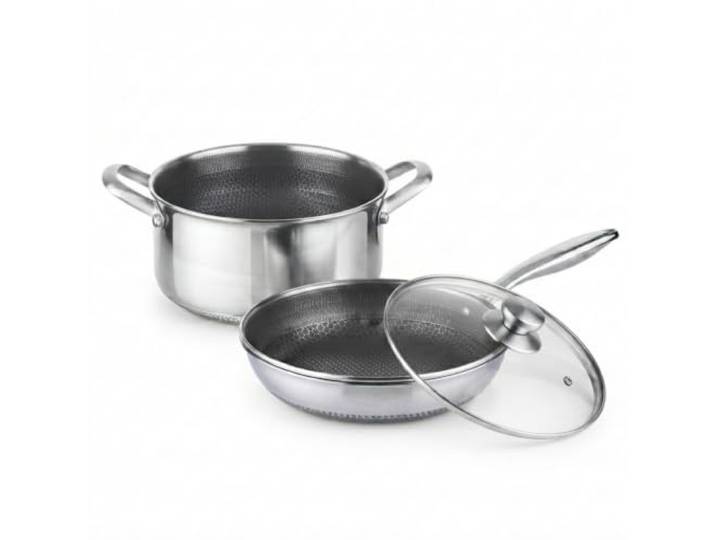 Edelstahl Bratpfanne & Kochtopf 28 cm – 2-teilig mit Glasdeckel Edelstahlpfanne Edelstahltopf Wabenpfanne Schmortopf Innovative Wabenstruktur Antihaftbeschichtung Induktion