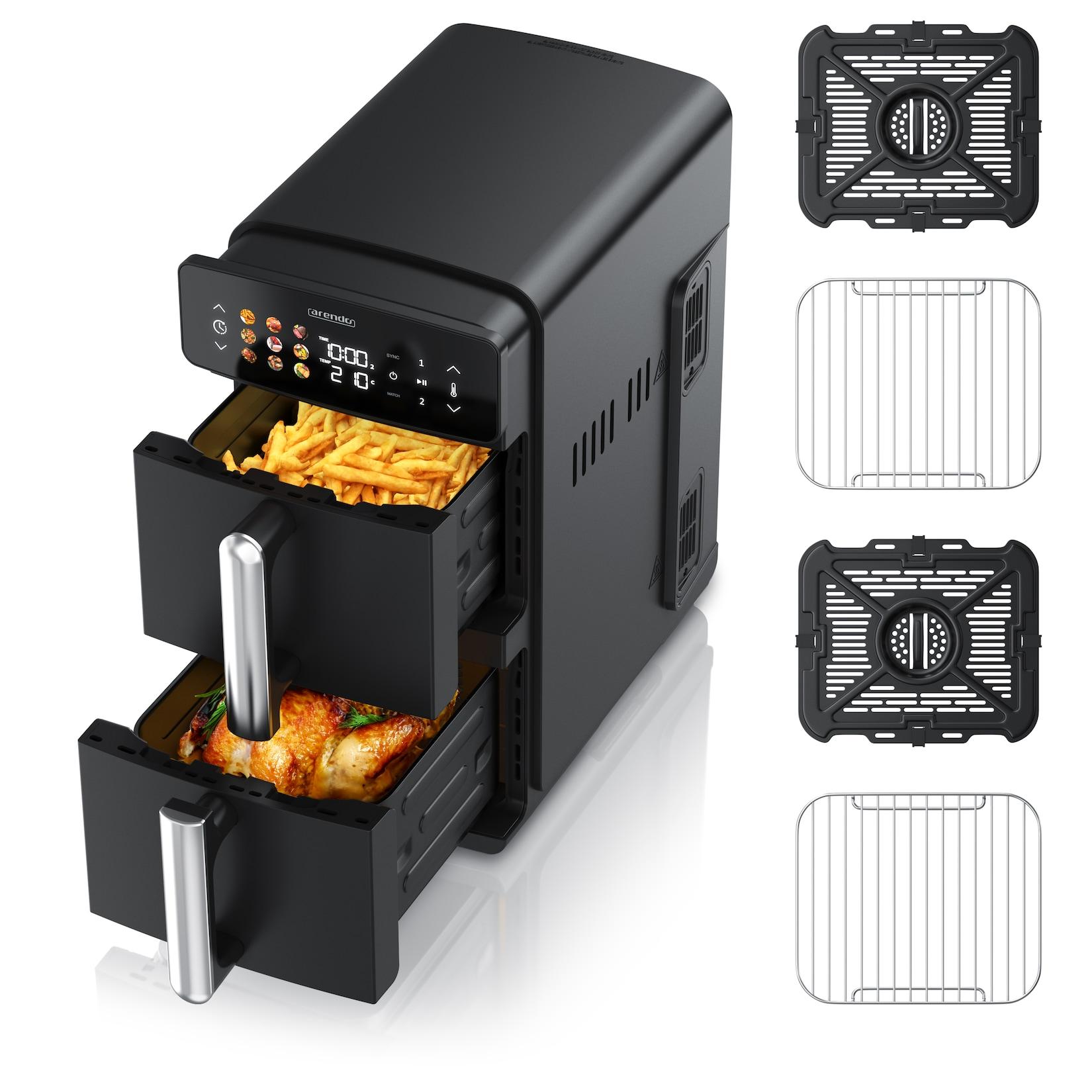 Arendo Heißluftfritteuse mit 2 Kammern Übereinander, XXL Doppelkammer Airfryer 11L, Dual Zone, 2400 W, mit Zubehör, Umluft Backofen, Edelstahl