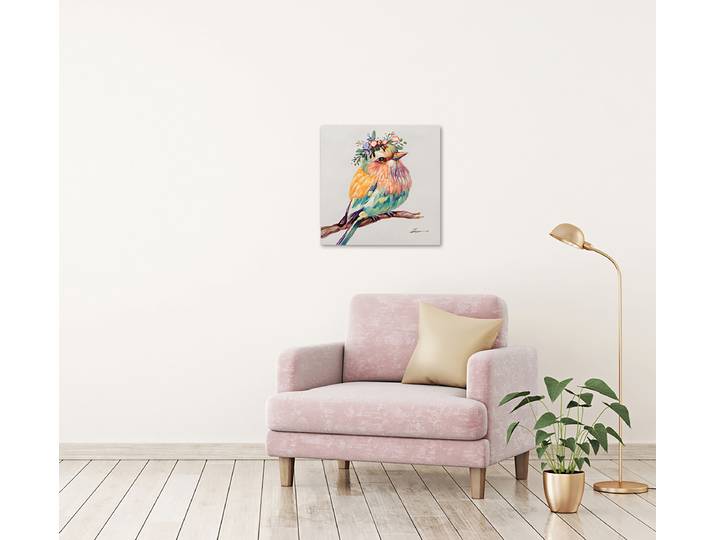 Leinwandbild Süsser bunter Vogel Krone Mischgewebe Multicolor 40 x 40 x 3cm