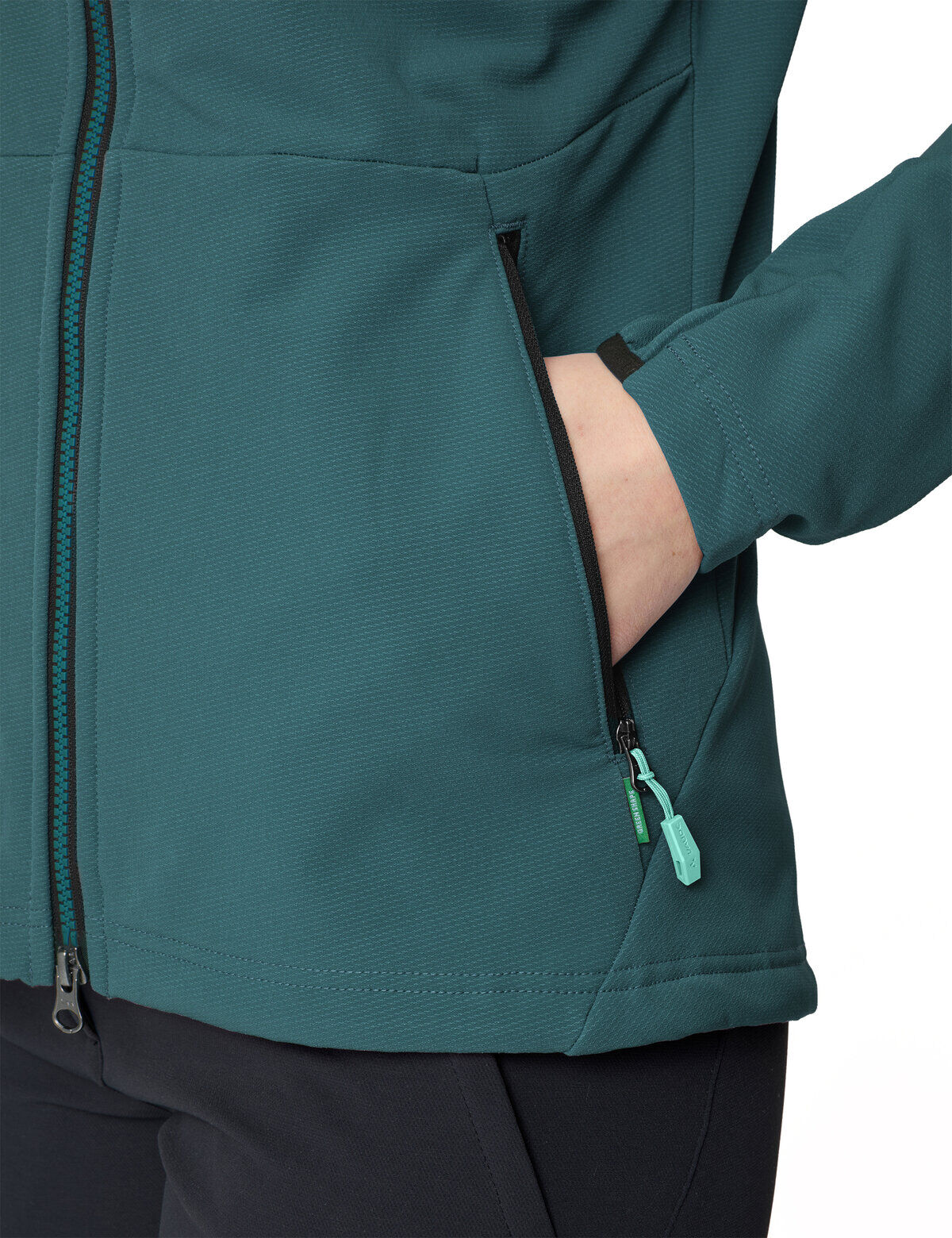 Kapuzenfleecejacke VAUDE "WOMEN'S ELOPE STORMFLEECE HOODY", Damen, Gr. 34, grün (schwarz fjord g), Obermaterial: 94% Polyester, 6% Elasthan. Futter: 100% Polyester, Jacken Kapuzenfleecejacke, sportlicher Stil, kuschelig warme Innenseite, mit Kapuze schwar