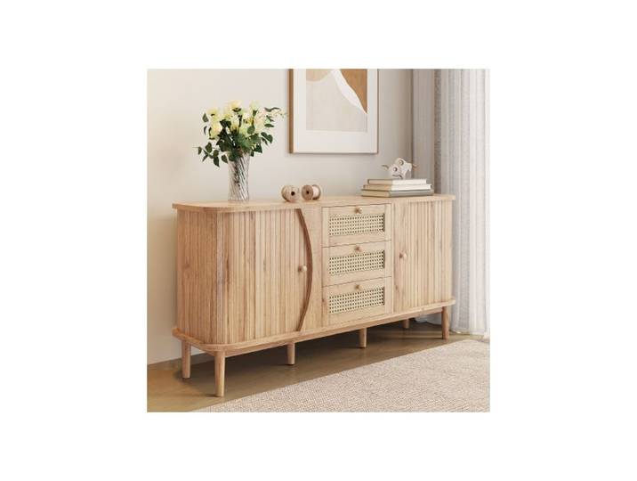 ®TONLRGY Buffet commode en rotin avec portes coulissantes étagères réglables et plateau arrondi.