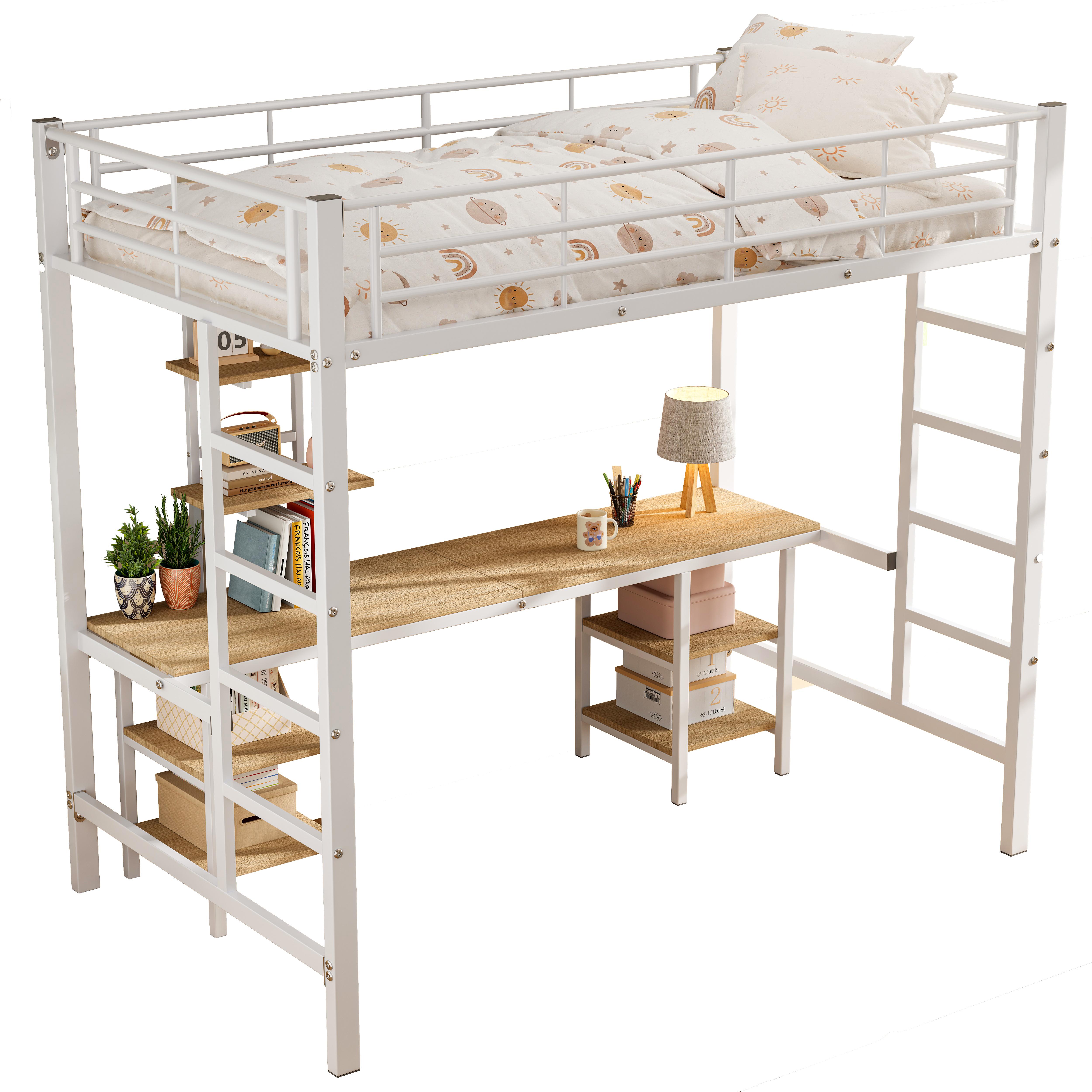 Etagenbett 90x200 cm Weiß mit Tisch, Regalen, Leiter und Fallschutzgitter, ohne Matratze