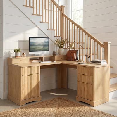 Aura "59"" Modern Fluted L-Shaped Desk with Charging Station, Monitor Stand & Removable Shelf"