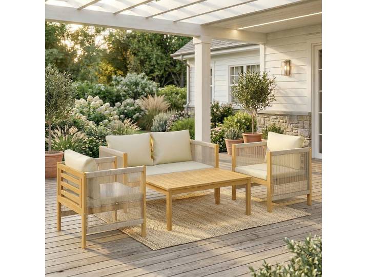 Outsunny Ensemble Salon Bois 4 Places Canapé Fauteuils Table Coussins