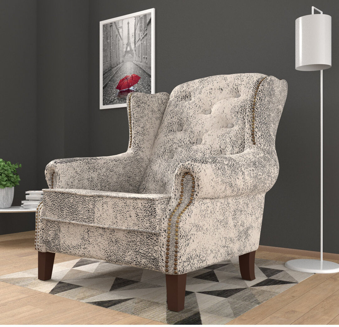 S-Style Furniture Chesterfield Wingback Armchair with Quilting And Wooden Legs Made of Luxury Microfibre Vintage Look White 102cm H X 102cm W X 93cm D