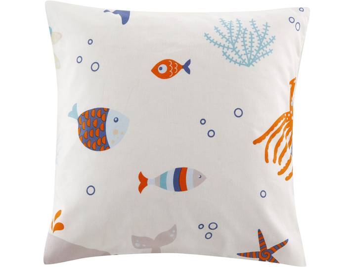 Dekokissen GOODPRODUCT OCEAN , weiss (weiß), B:40cm L:40cm, Baumwolle, Polyester, Dekokissen_Sitzkissen_Kissenhüllen, Dekokissen, Kissenhülle, 2-er Set, ohne Füllung, Reissverschluss, Motiv: Fische, Wal