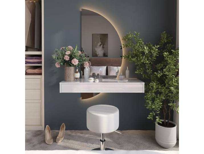 Vicco Schminktisch Sherry, Weiß Hochglanz 100 cm Schminkkonsole · LED-Spiegel, rechts ausgerichtet · Hocker · Wandhängend · Schwebendes Design