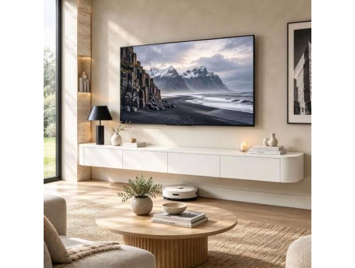 Entertainment-Center Aus Massivholz Mit Großem Stauraum Und Regalen Wandmontierter TV-Aufbewahrungsschrank Mit Tür Modernes Schwebendes TV-Möbel Mit Schublade Schlanker TV-Schrank(Weiß,160cm)