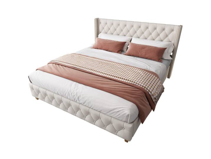 Redom Polsterbett 140/190 cm mit Lattenrost, Chesterfield-Kopfteil mit Nieten, Beige, 140x190 cm, Schlafzimmer, Betten, Polsterbetten