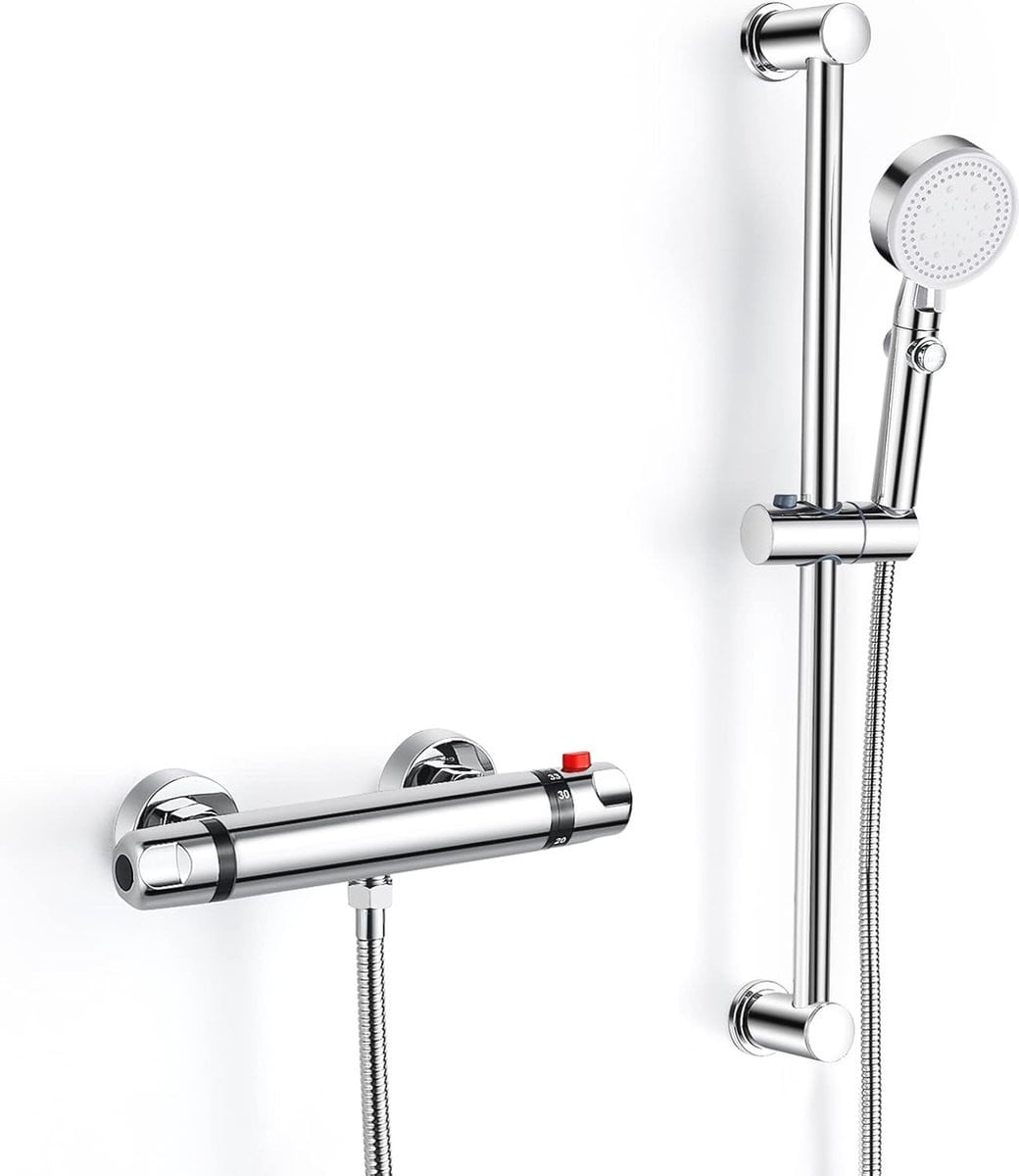 Thermostatische doucheset met douchestang, handdouche en regendouche in chroom en zilver
