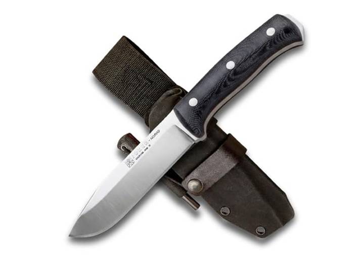 Joker Bushcraft-Messer Nomad CM125-F, 12,7 cm Klinge, Griff aus schwarzem Micarta Canvas, Kydex-Scheide mit Feuerstarter, Werkzeug für Angeln, Jagd, Camping und Wandern
