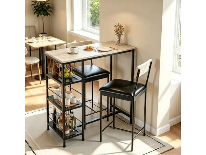 GarveeMore Rechteck Esstisch-Set Mit 2 Gepolsterten Stühlen Platzsparender Bartisch mit 2 gepolsterten Hockern – Küche, Esszimmer, Apartment oder Frühstücksecke