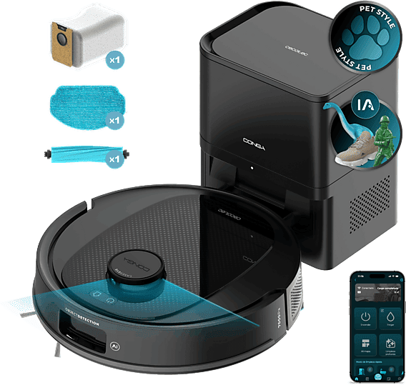 Robot friegasuelos - Cecotec Conga Y80, Navegación inteligente, Programable, 13000 Pa succión, Base de 2,5L, Cepillo para mascotas, Negro