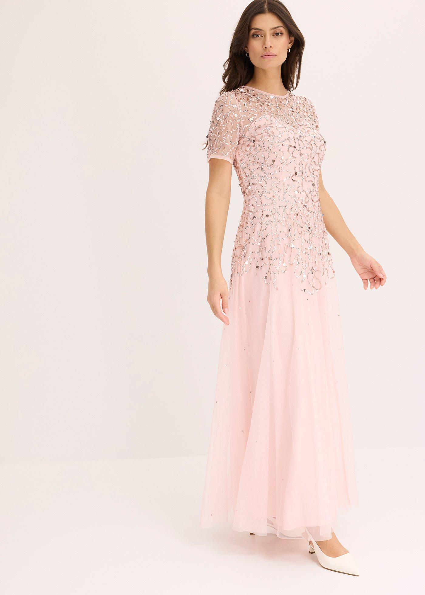 bonprix Maxikleid aus zartem Tüll mit Paillettenstickerei, rosa, Gr.38, Modern und feminin: Abendkleid in Maxi-Länge aus zartem Tüll mit Paillettenstickerei