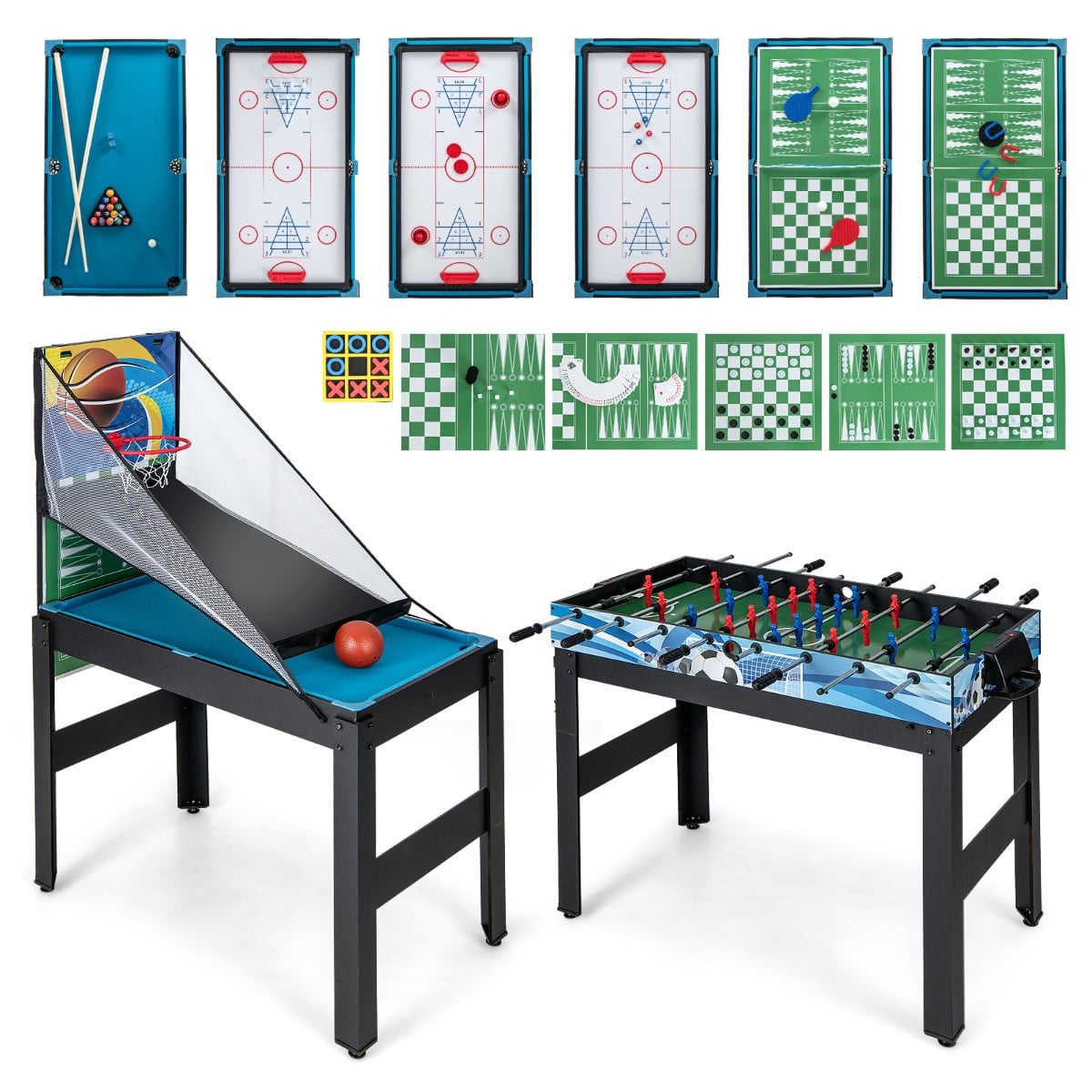 Costway 15-in-1 Multifunctionele Speeltafel met Tafelvoetbal, Biljart, Tafeltennis, Bowling, Shuffleboard, Schaken, Dammen en Backgammon
