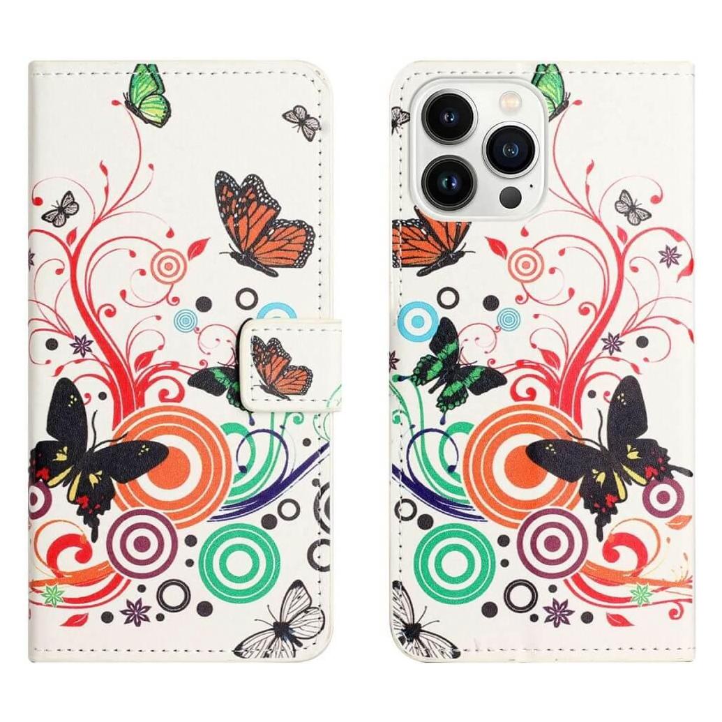 Cover-Discount iPhone 14 Pro - Leder Etui Hülle Schmetterling weiss (Apple iPhone 14 Pro) (660107415N)