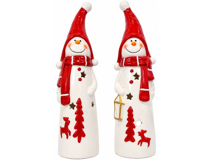 Teelichthalter OTTO HOME Deko Weihnachten Eeske, aus Porzellan detailreich bemalt , rot (weiß), H:31cm T:1cm Ø:8cm, Porzellan, Kerzenhalter, Teelichthalter, Schneemänner klassisch rot-weiß, jeweils ca.31cm hoch