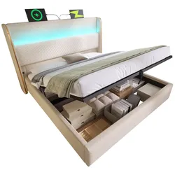 OKWISH Hydraulisches Polsterbett 160x200 cm mit LED-Beleuchtung und Stauraum, modernes Bett in Leinenoptik Beige