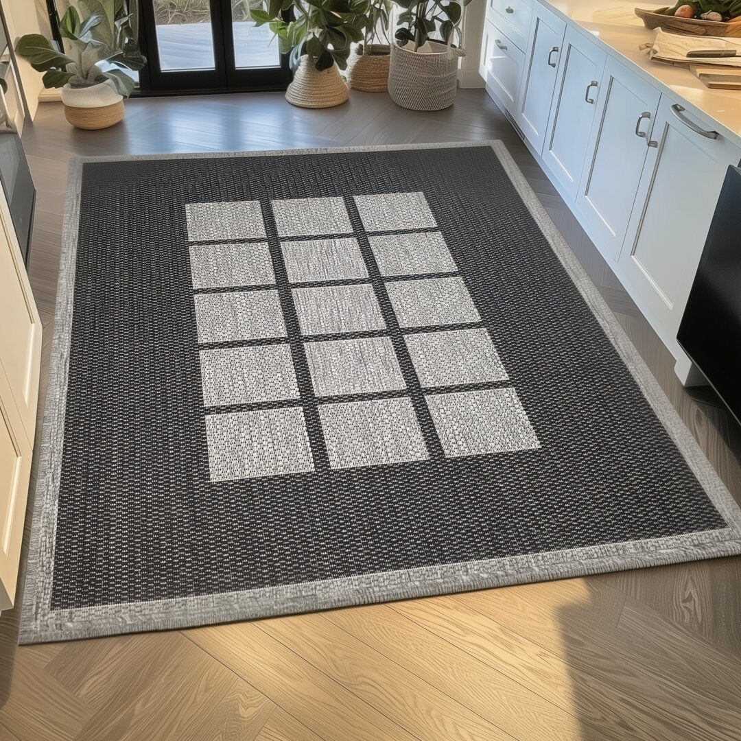 Brambly Cottage Gere Rug Non Slip Flat Weave Border Check Geometric Kitchen Living Room Carpet Black Rectangle 160 x 225 cm