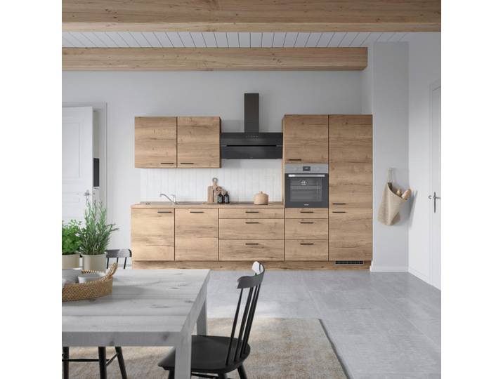 Küchenleerblock, Eiche Dunkel & Gold, 330 cm, Metall, Soft-Close & Türdämpfung, Nobilia