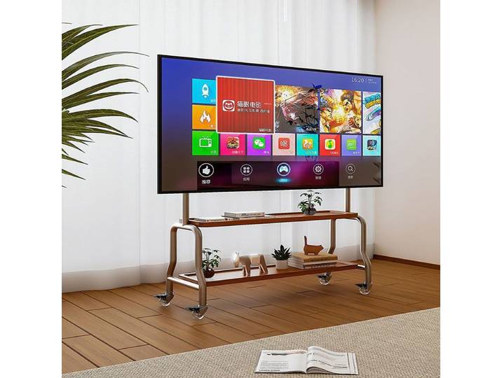 Support de sol pour TV en acier inoxydable, chariot à roulettes vertical mobile, meuble TV pour salon et chambre à coucher, support de rangement universel
