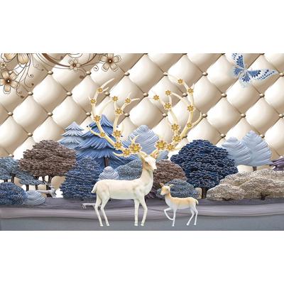 Fototapete PAPERMOON "Muster mit Hirschen gold blau weiß", bunt, B:5m L:2,8m, Vlies, Tapeten