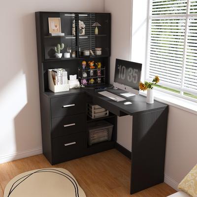 Kodotan sofa Computer Desk with Glass Cabinets & Built-In LED Lights, Corner L-Shaped Office Desk with USB Charging Ports, Keyboard Tray