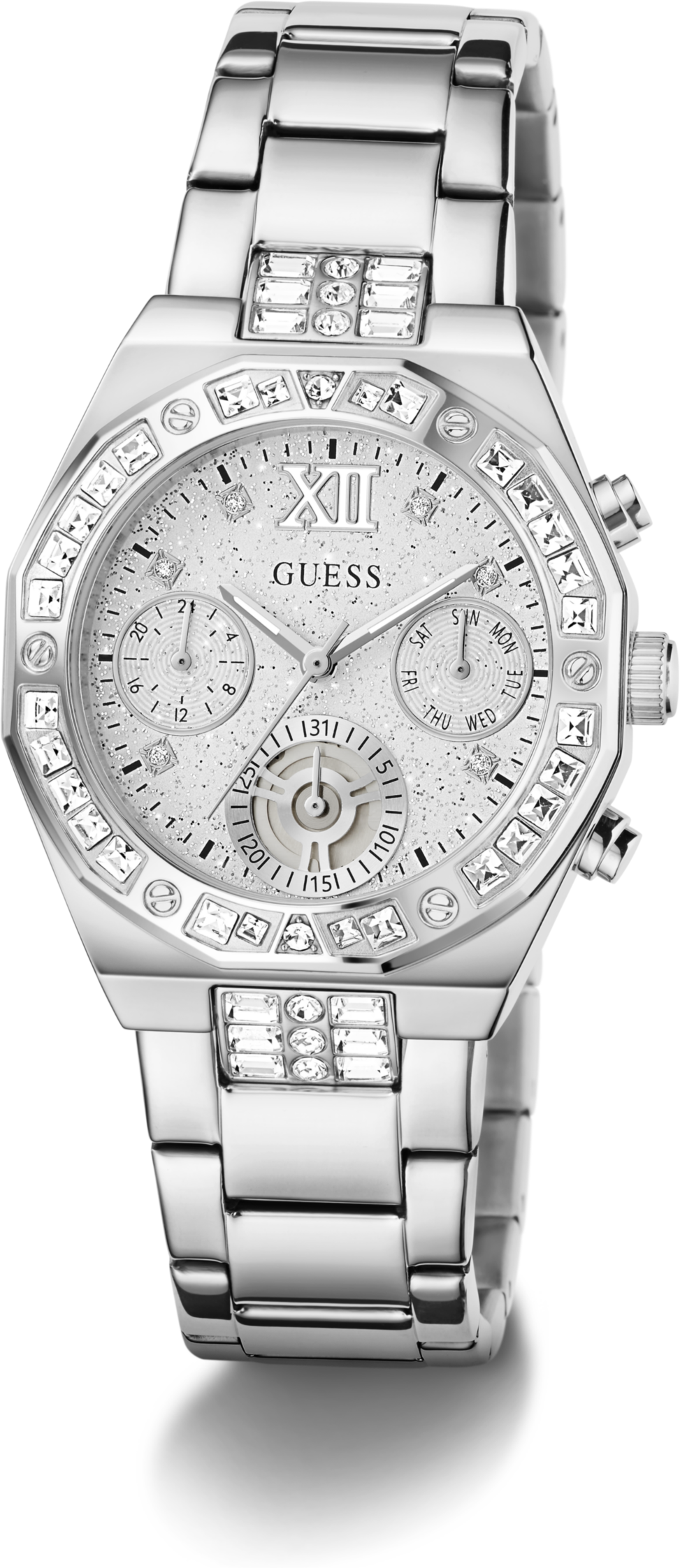 Quarzuhr GUESS "SELINA", silber (silberfarben, silberfarben, silberfarben), Armbanduhren, Damen, silberfarben, Quarzuhr, Armbanduhr, Damenuhr, Edelstahlarmband, analog, Tag, Wochentag