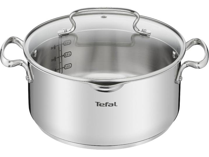 Kochtopf TEFAL Duetto+ , grau (edelstahl), H:12cm Ø:24cm, Töpfe, Kochtopf, hochglanzpoliert, Glasdeckel mit Siebfunktion