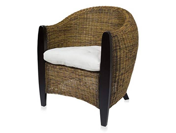 Rattansessel Bari, moderner Sessel aus Rattan mit Sitzkissen, Bicolor, Hartholzgestell, für Wohnzimmer, Wintergarten und Terrasse