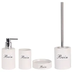 MSV Badezimmer Set, 4-teiliges Badzubehör aus Keramik Dinan Seifenspender, WC Bürste, Seifenschale und Zahnputzbecher Weiß