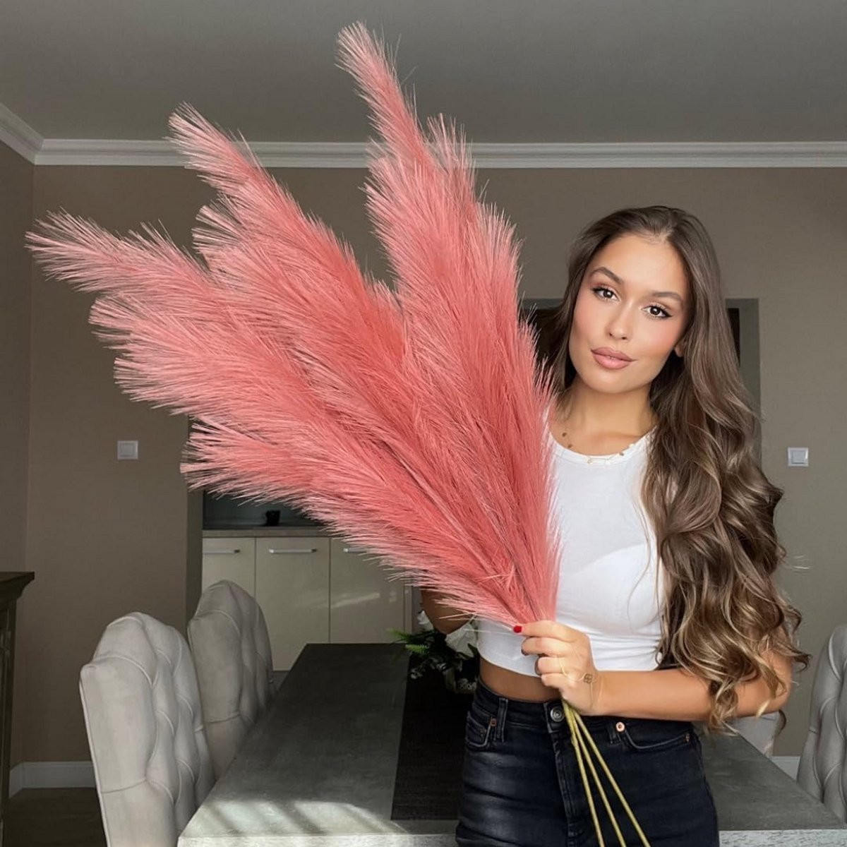 Set van 3 extra grote lange roze pluizige kunstmatige pampasgrassen voor decoratie in vloervazen