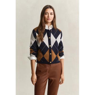 Cardigan GANT "ARGYLE C-NECK", Damen, Gr. XXL, blau (evening blau), Strick, Obermaterial: 100% Wolle, regular fit normal, Rundhals, Rippbündchen, Strickjacken, aus Wolle