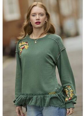 Plus Size Women's Peplum Sweatshirt by Joe Browns in Green Garden Embroidery (Size 1X)