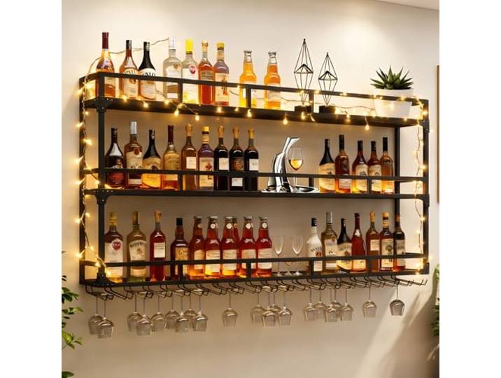 RAJYQODIS Weinregal Wand mit Glashalter, 3 Ebenen Weinpareite Display Rack, Weinflasche Glashalter Wandmontage für Esszimmer Home Bar (Schwarz, 180cm)