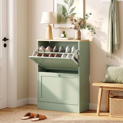 HOMCOM Slim Shoe Cabinet for Entryway, Modern Hidden Shoe Storage Cabinet with 2 Flip Drawers and Adjustable Shelves