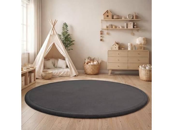 Paco Home Teppich Kinderzimmer Kinderteppich Baby Spielteppich Krabbeldecke Krabbelmatte Weich rutschfest Jungen Mädchen Deko, Grösse:80 cm Rund, Farbe:Anthrazit