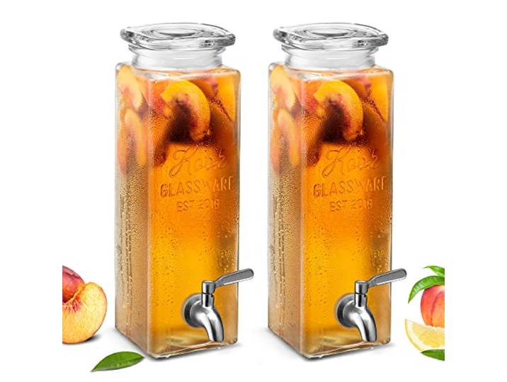 Kook Getränkespender aus Glas, mit auslaufsicherem Edelstahl-Zapfhahn, klares rechteckiges Einmachglas, Getränkespender für Kühlschrank, für Wasser, Eistee, Sangria, Limonade, 2,268.0 g (2)