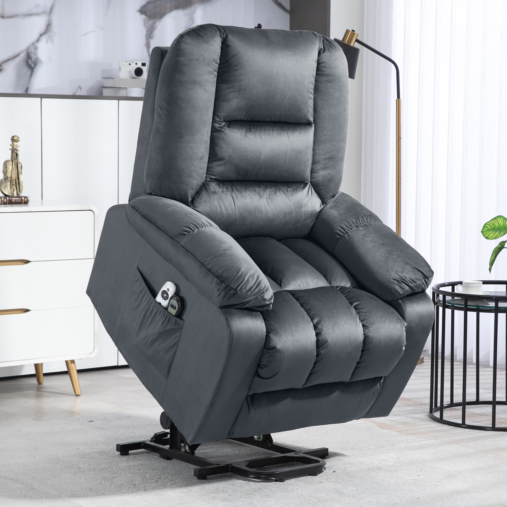 Homcom Poltrona sollevatore elettrico poltrona reclinabile 8 punti di massaggio vibrante 85 x 94 x 107 cm grigio