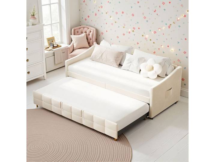 Lit Banquette Gigogne - Novélys - 90x200cm - Canapé-lit Extensible avec Tiroir-lit Poches de Rangement - Velours Beige