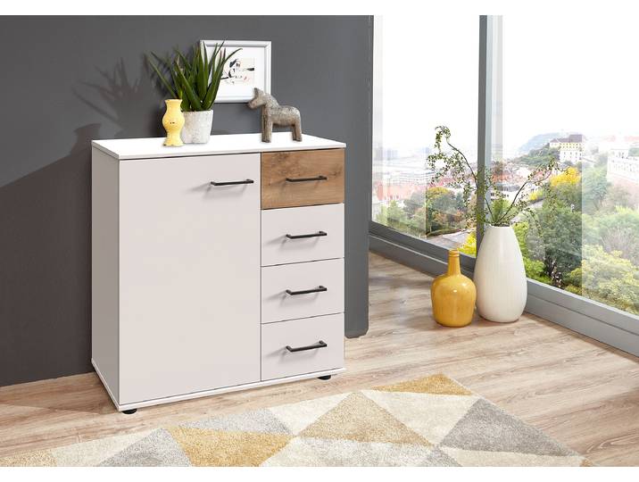 Commode 81cm Blanc/Blanc/Imitation chêne