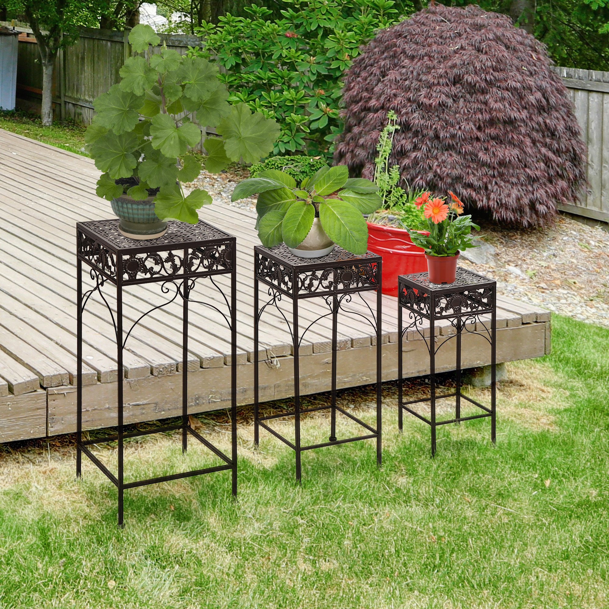 Outsunny Set di 3 Sgabelli Supporto Piante in Ferro Marrone, Classico, per Interno e Esterno, Versatile e Decorativo Aosom